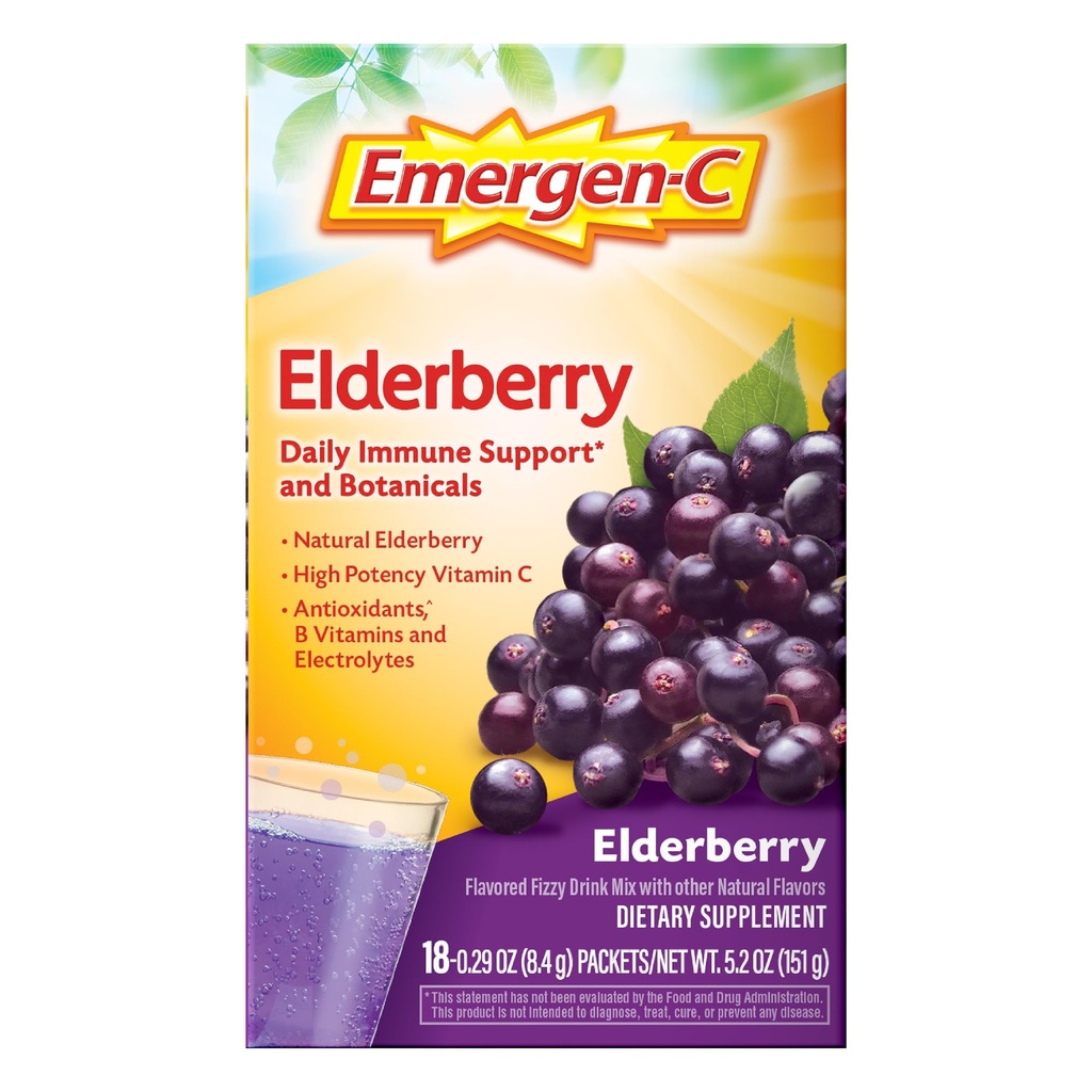 Emergen-C Elderberry Fizzy Drink Mix, Elderberry Imunska podpora, naravne arome, z visoko jakostjo vitamin C, 18 Count