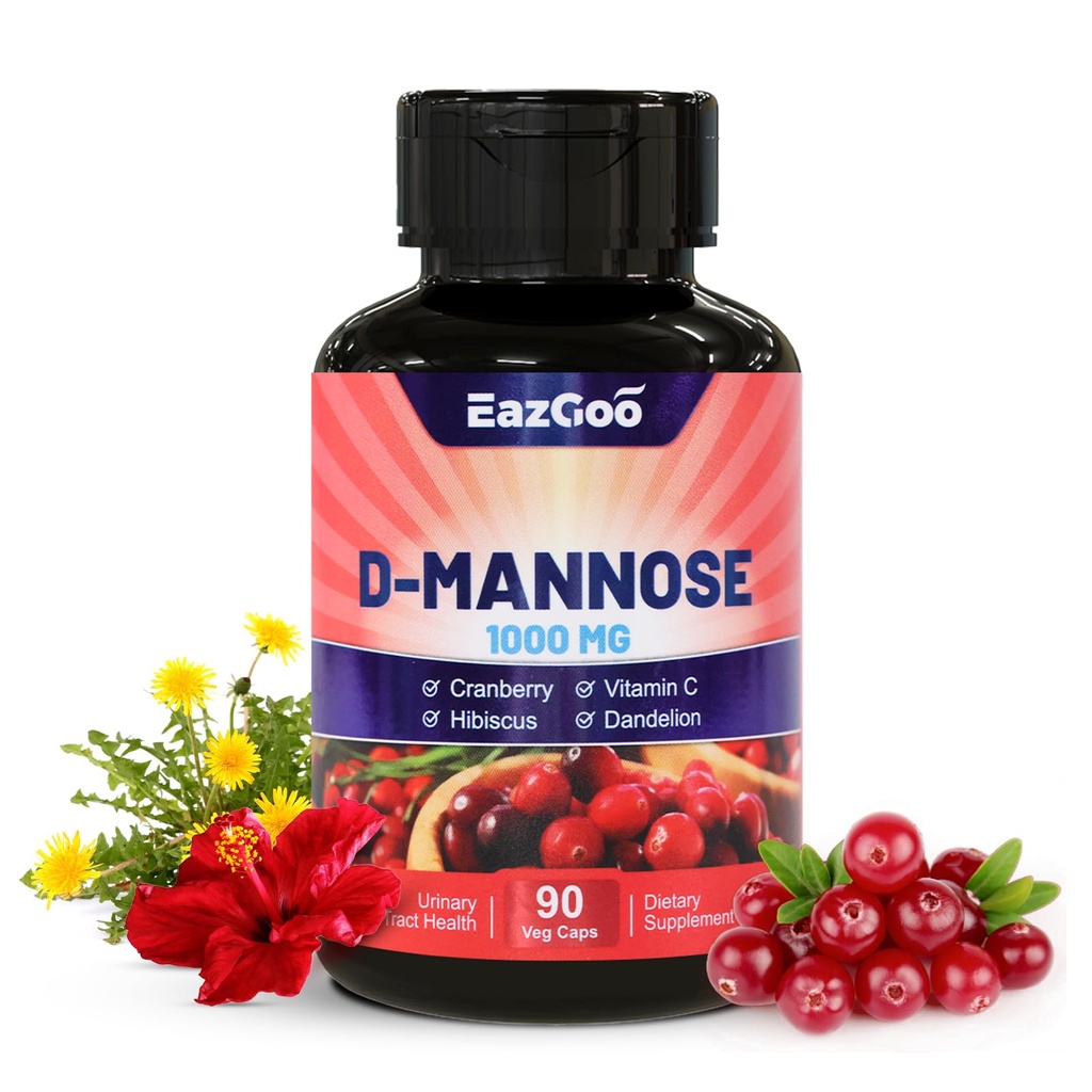 D-manoza dodatek – 1000 mg Kapsule z brusnico, vitamin C, Hibiscus & Dandelion Extract, podpora zdravje sečil, D Mannose & Cranberry kapsule, 90 Število