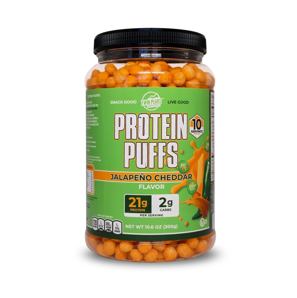 Twin Peaks Protein Puffs - (Jalapeno Cheddar), Keto prijazno, Prigrizek z nizko vsebnostjo ogljikovih hidratov (300g, 21g beljakovine, 2g neto ogljikovih hidratov, visoke beljakovine, zdravo prigrizek)