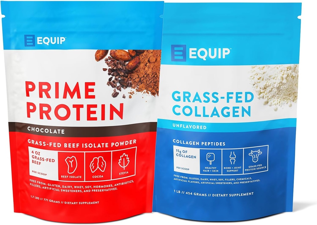 Equip Foods Prime Beljakovine v prahu čokolada in travnati kolagen v prahu brez arome