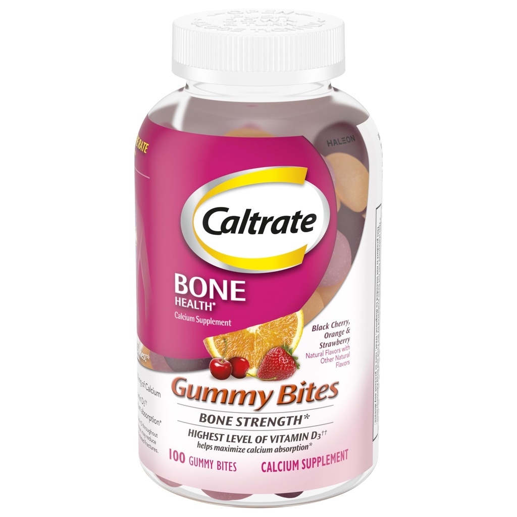 Caltrate Gummy Bites 500 mg Kalcij in vitamin D dodatek, Črna češnja, Jagoda, Orange - 100 Število