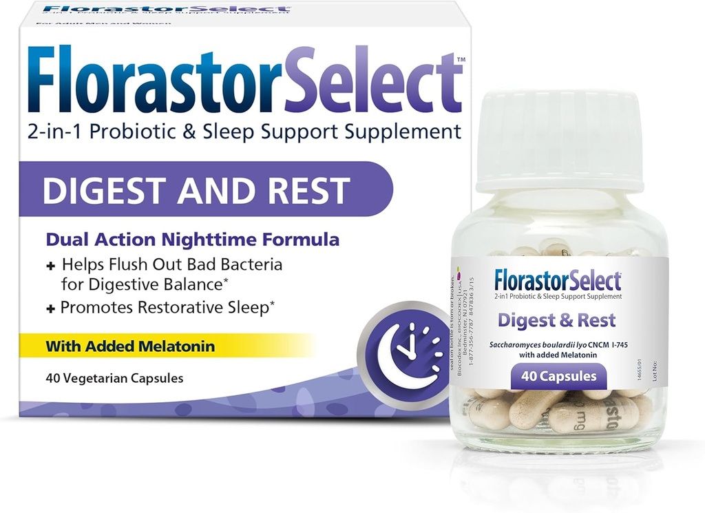Florastor Probiotic Digest in Rest, Saccharomyces Boulardii Probiotics z melatonin (4mg), Naravni pomoč v spanju + Prebavna podpora, 40 kapsul