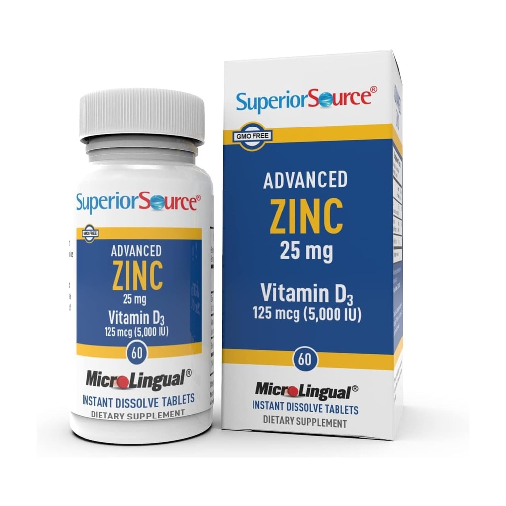 Superior Source Advanced Cink 25 mg - vključuje vitamin D3 5.000 i.e. - Premium Imunska podpora za moške in ženske - Ne-GMO & Gluten-free - 60 MicroLingual Razrešljive tablete