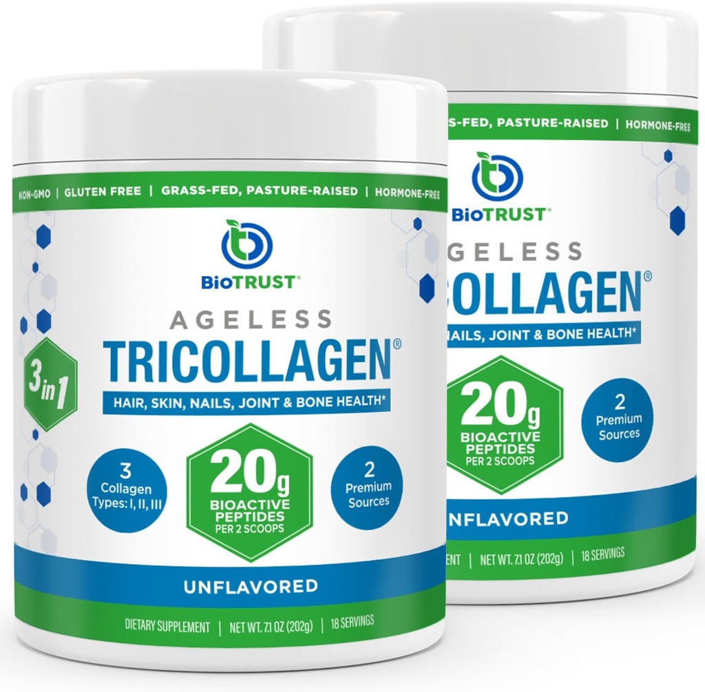 Biotrust Tri kolagen prašek - 3-v-1 hidrolizirani kolagen peptidi v prahu (tipi I, II, & III) - Grass Fed Kolagen Protein prašek za proti staranju, kožo, lase, kosti in skupno zdravje - nearomatiziran, 2-pak