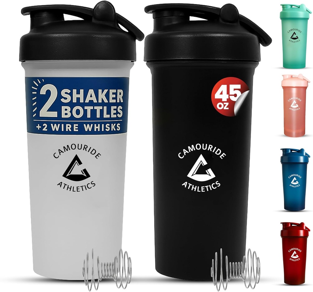 2 Pack 45 oz Stresalnik Protein Steklenice z žico Whisk – BPA-free, Leak-Proof Shaker skodelice za stresalniki in napitki – Velika plastična mešalna steklenica – Classic Bela & Polnočna črna