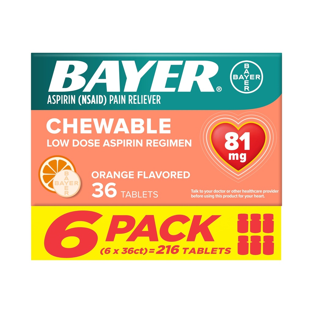 Manjši odmerek zdravila Bayer Aspirin 81 mg žvečljive tablete, bolečina Reliever, oranžna aroma, 216 tablet (6 pakiranj)