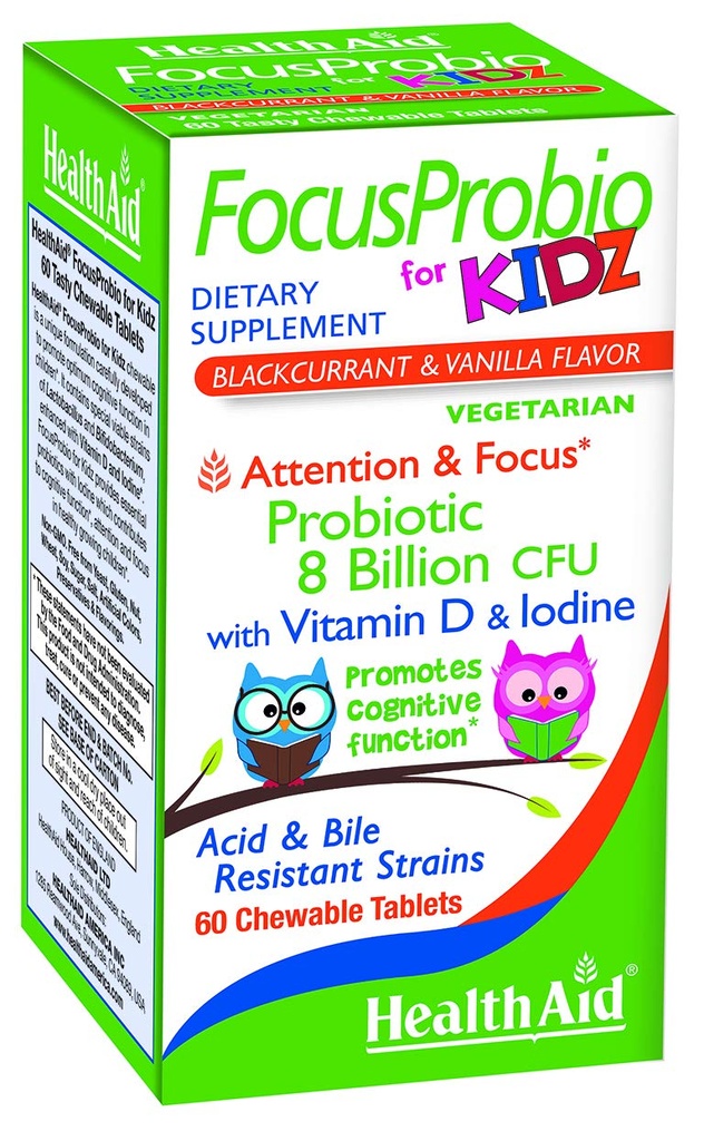 FocusProbio za Kidz, 60 žvečljive tablete, podpira kognitivno funkcijo za pozornost in fokus. Črni ribez in aroma vanilije, vsebuje vitamin D in jod. Acid & Bile Resistant sevi. Vegetarijanec