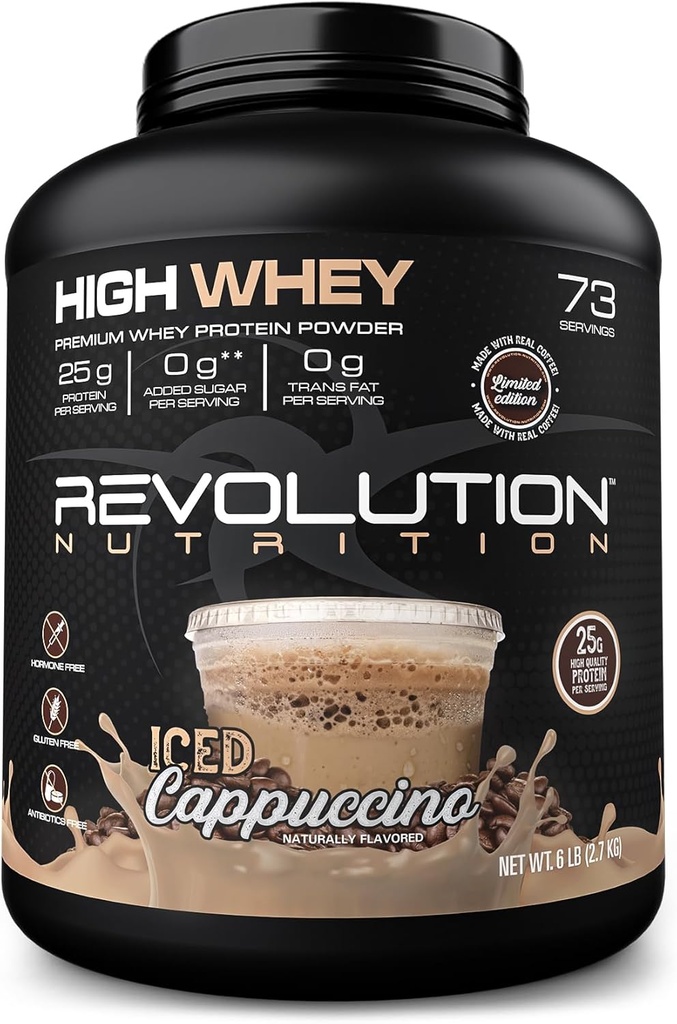 Revolution Nutrition, High Whey, Protein Powder 6LB, Whey Isolate, Gluten Free, Lean Muscle Mass za moške in ženske, 25g beljakovin na Scoop, 2,7kg, 73 Serving (Iced Cappuccino, 6 Pound)