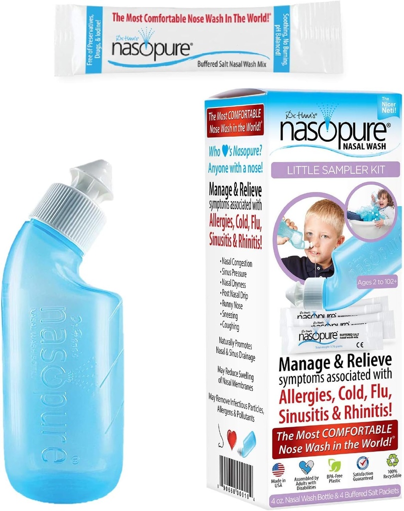Nazopure Nazal Wash, mali vzorčevalnik Kit, “Nicer Neti Pot” Sinus Wash Kit, Udobno nosna cev 4 Oz Steklenica & 4 Sol Packets (3,75 Gr vsak), Nasal Congestion, hladno, alergija, Nazal namakanje