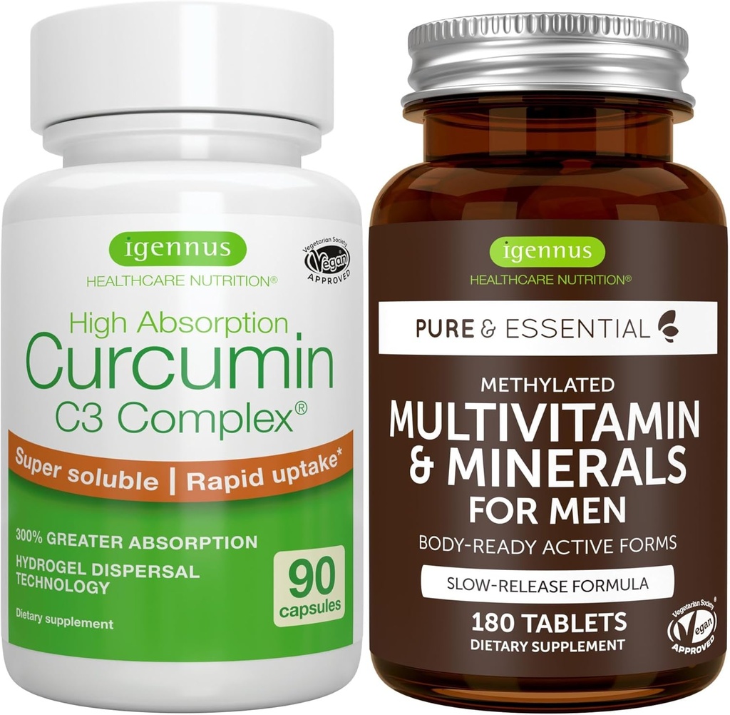 Multivitamin in minerali za moške + visoka absorpcija Curcumin C3 Complex, Vegan Bundle, trajen release Advanced Multivitamin + 300% večja absorpcija Curcuminoidi s hitrim prevzemom, Igennus