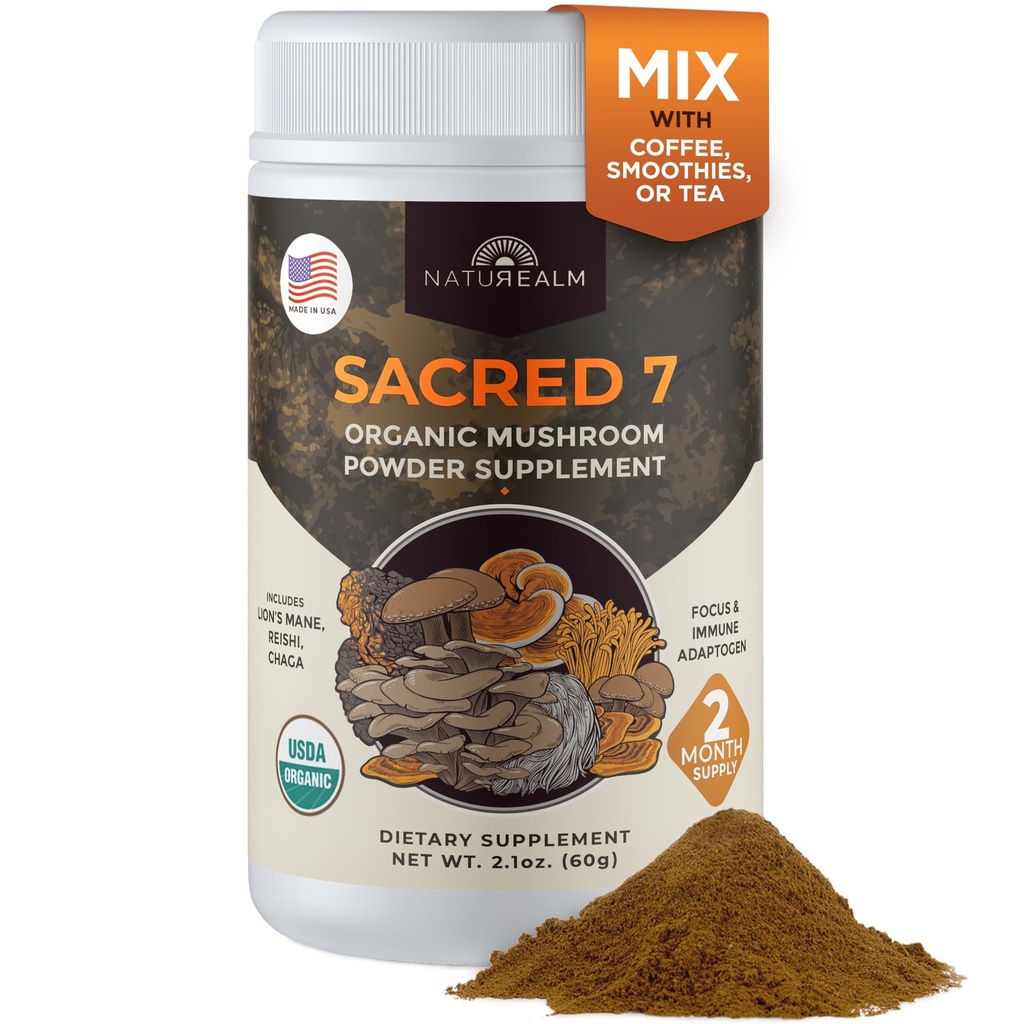 Naturealm Sacred 7 Organic Gobe dodatek – 100% sadni ekstrakt telesa v prahu z livami Mane, Reishi, Chaga & More 