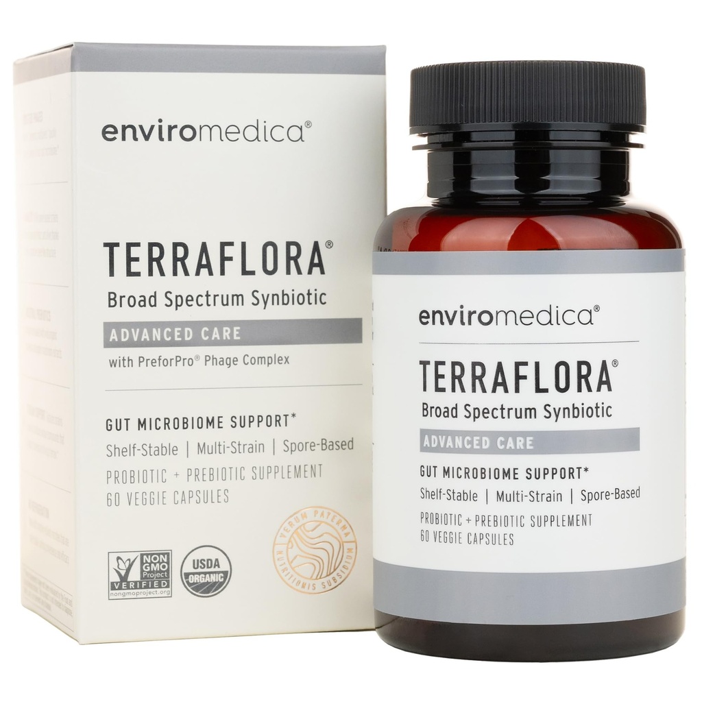 Terraflora Advanced Care Symbiotic - SBO probiotik in prebiotik, digestiv in drobovje zdravje, talne spore Pre in probiotiki za ženske in moške z Bacillus Coagulans, Subtilis, Vegan - 60 kapsul