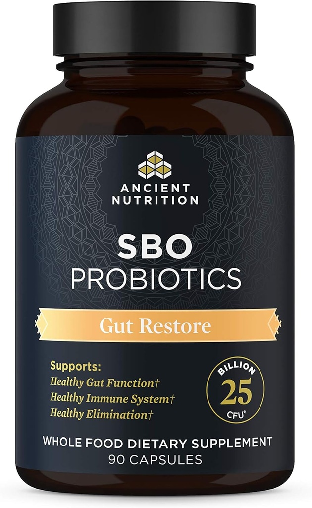 Ancient Nutrition Probiotics, SBO Probiotics Gut Reserve 90 Ct, Spodbuja zdravje, Prebavna in Imunska podpora, Gluten brezplačno, Superfoods Mešanica, 25 milijard CFUs* Na postrežbo, 90 kapsul
