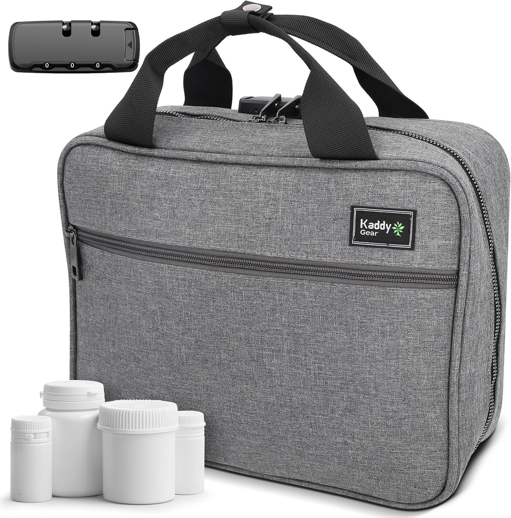 Kaddy Velika Medicine Bag, Secure, oblazinjena, Tablete Organizator Box, Primer za steklenice zdravil ali dodatkov; Skladiščenje; Toaletni; 3 Digit Lock, Siva