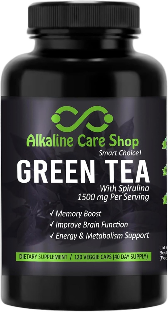 Alkalna nega - zeleni čaj z izvlečkom Spirulina 1500mg - visoka absorpcija Ultra močan zeleni čaj dodatek s Spirulina - zeleni čaj za energijo in presnovo podporne kapsule - 120 kapsul