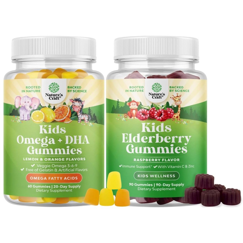 Sveženj otrok DHA Omega 3 Gumies - Maščobne kisline Omega 3 6 9 za možgansko imuno moč in vid - Prehranska DHA in Sambucus Bezgove jagode za otroke zdravje - cink in vitamin C za imuno podporo