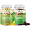 Sveženj otrok DHA Omega 3 Gumies - Maščobne kisline Omega 3 6 9 za možgansko imuno moč in vid - Prehranska DHA in Sambucus Bezgove jagode za otroke zdravje - cink in vitamin C za imuno podporo