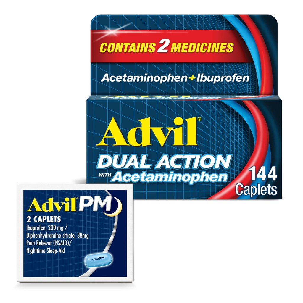 Advil Dual Action with Acetamofen in Ibuprofen (2 ekvivalent odmerka) za 8 ur lajšanje bolečine, Obložen 144 Ct Caplets in 2 Ct. Vzorec Advil PM