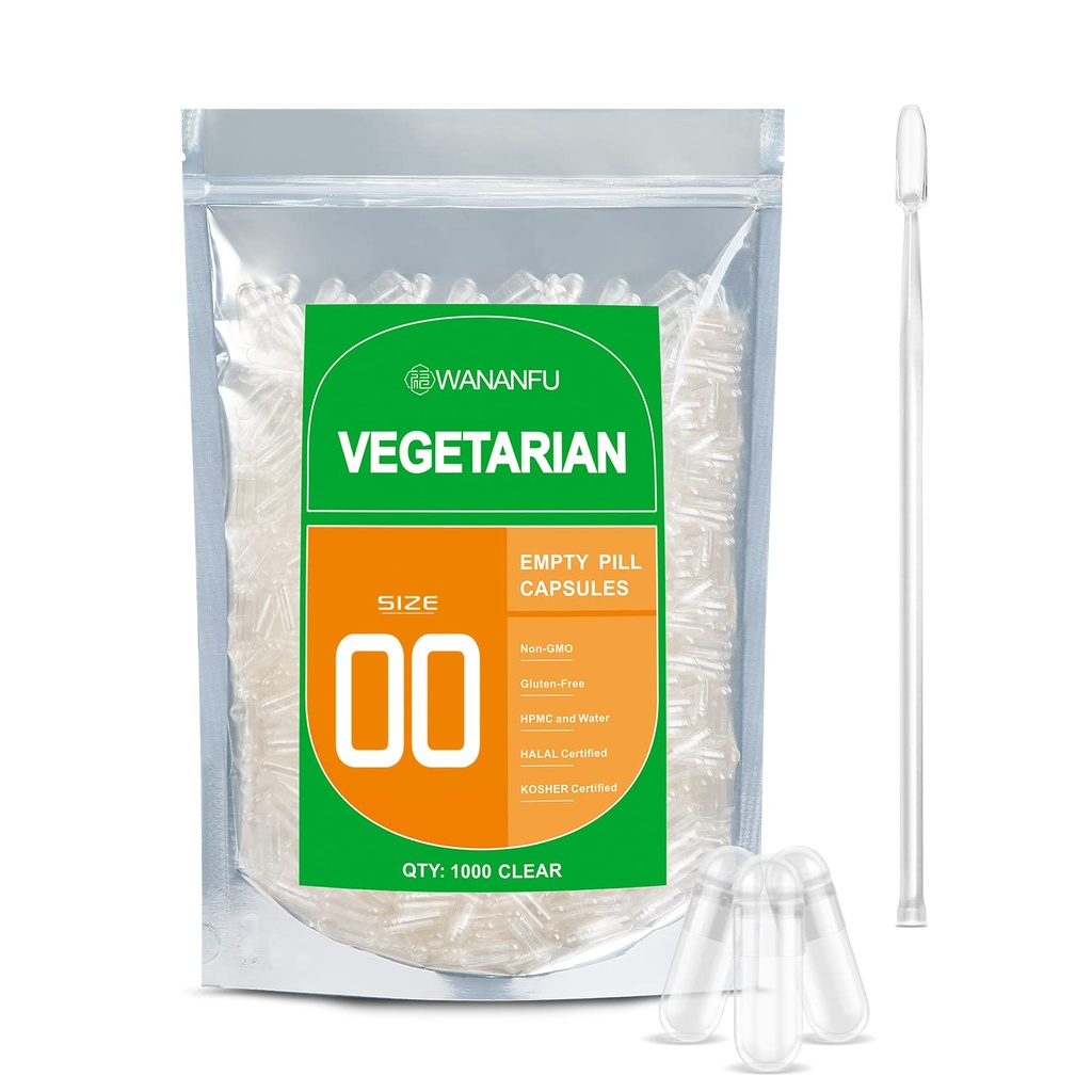 wananfu Size 00 Prazne kapsule Vegetarian (1000 Count) paket z Micro Lab Spoon, jasno polnilno Veggie tabletke kapsule 00 za izdelavo svoje dodatke