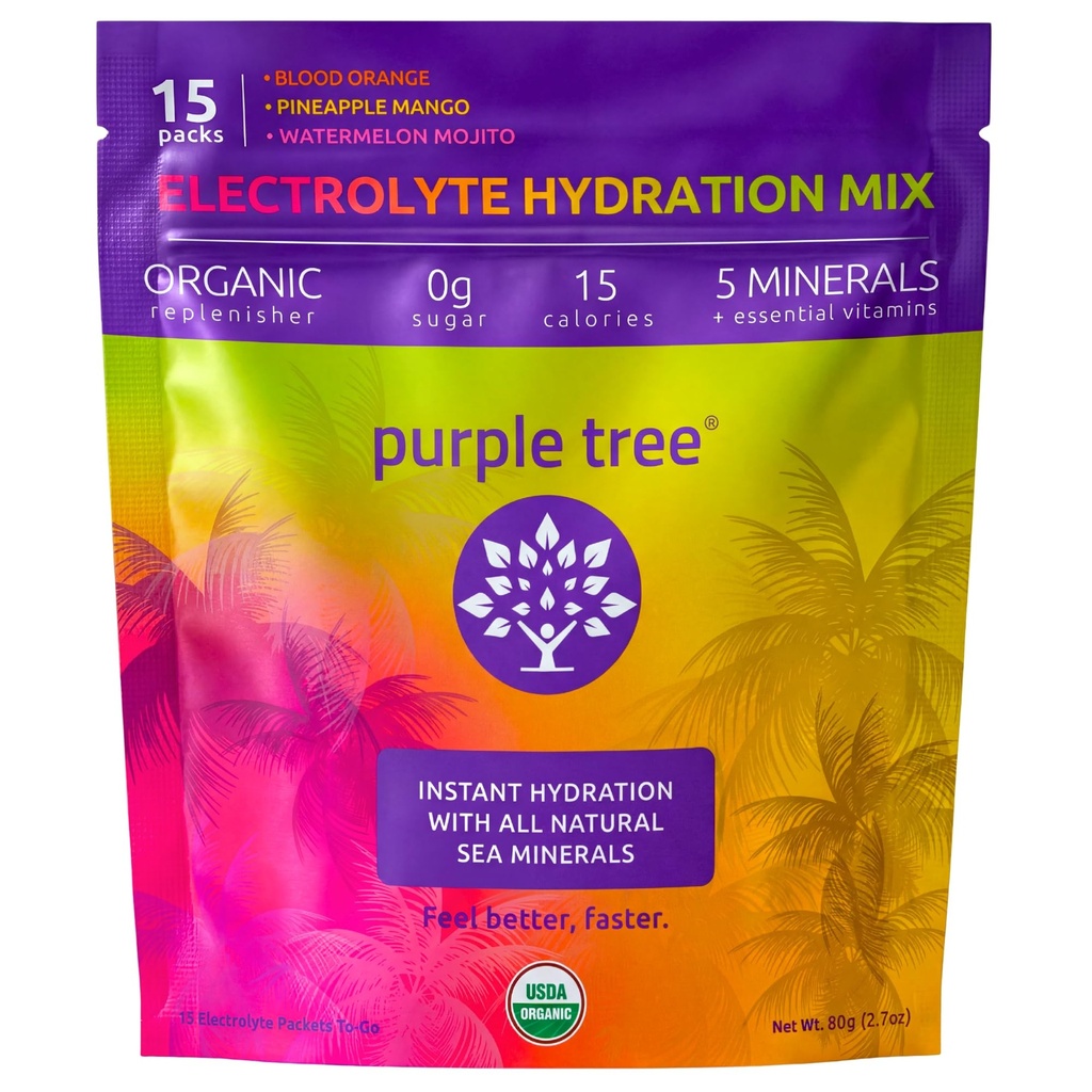 vijolično drevo Ekološka elektrolitna hidracija Pakiranje, Nič sladkorja, morske soli, Dnevni IV Hydrate Packs za hitro rehidracijo Relief - mešanica vode, Variety Pack, 15 enot