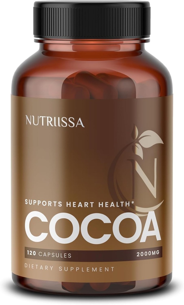Nutriissa Cocoa kapsule 2000mg - Napredno zdravje srca, dušikov oksid in kroženje Podpora - 500mg Cocoa Flavanols na strežbo - EPEB Certified for Purity & Potency - Vegan, 120 Kapsule, 40 Servisi