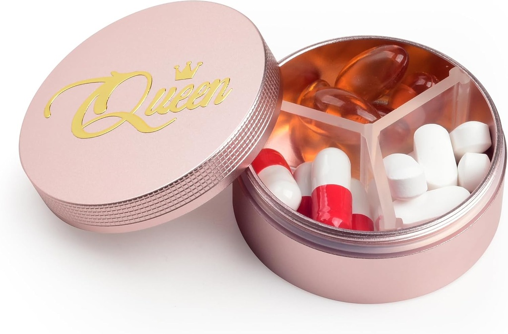Primer majhne tablete 3 Kompartmenti, Metal Round Prenosne tablete Box, Vodoodporne tablete Organizator, Pocket Purse Medicine Vitamin Imetnik EDC Container (Rose Gold s kraljico)