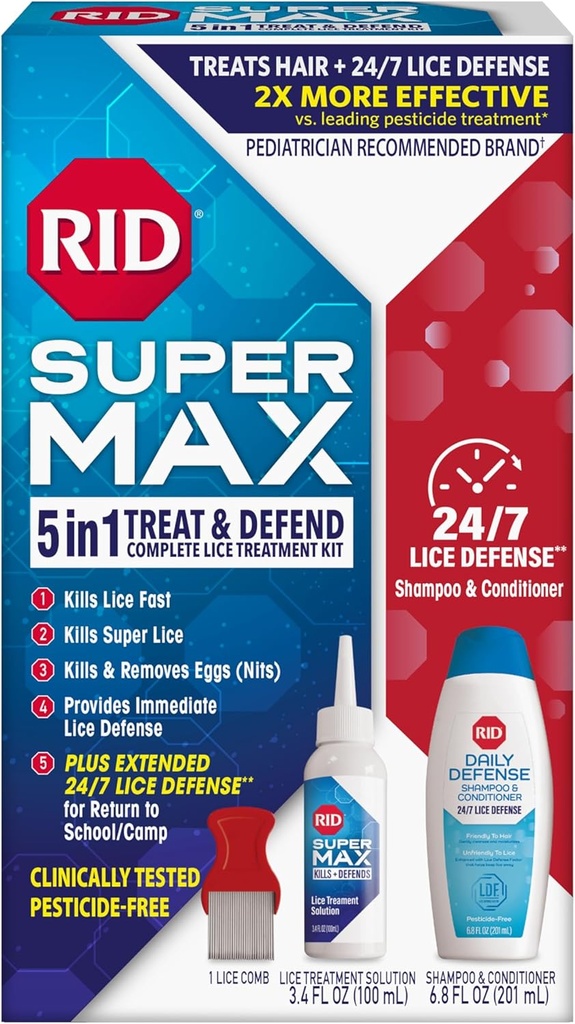 RID Super Max Lice zdravljenje Kit, Kills Lice & Super Lice & Jajca + 24/7 Obramba uši, brez pesticidov, 3.4 FL OZ rešitev + 6.8 FL OZ Dnevna obramba Šampon & balzam + Nit Odstranjevalni Comb