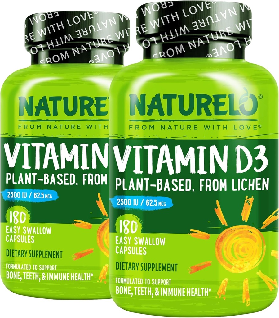 NATURELO Vitamin D - 2500 i.e. - rastlina na osnovi lichena - naravni D3 dodatek za imunski sistem, podporo kosti, skupno zdravje - Vegan - ne-GMO - Gluten prost - 180 kapsul (paket po 2)
