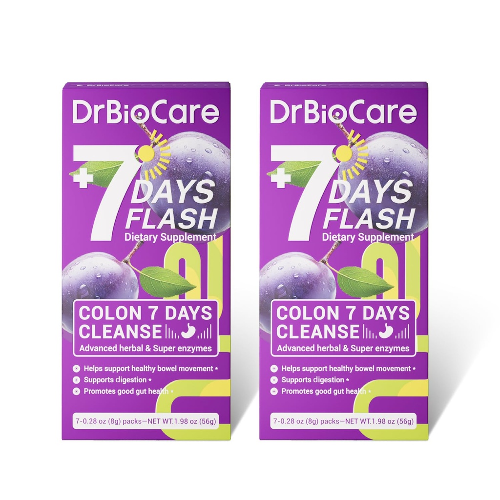 DrBioCare Colon 7 dni Čistite, 7 dni Flash, Colon Cleanse, Detox & Prebavna podpora, Prune Flavor - 14 paketov
