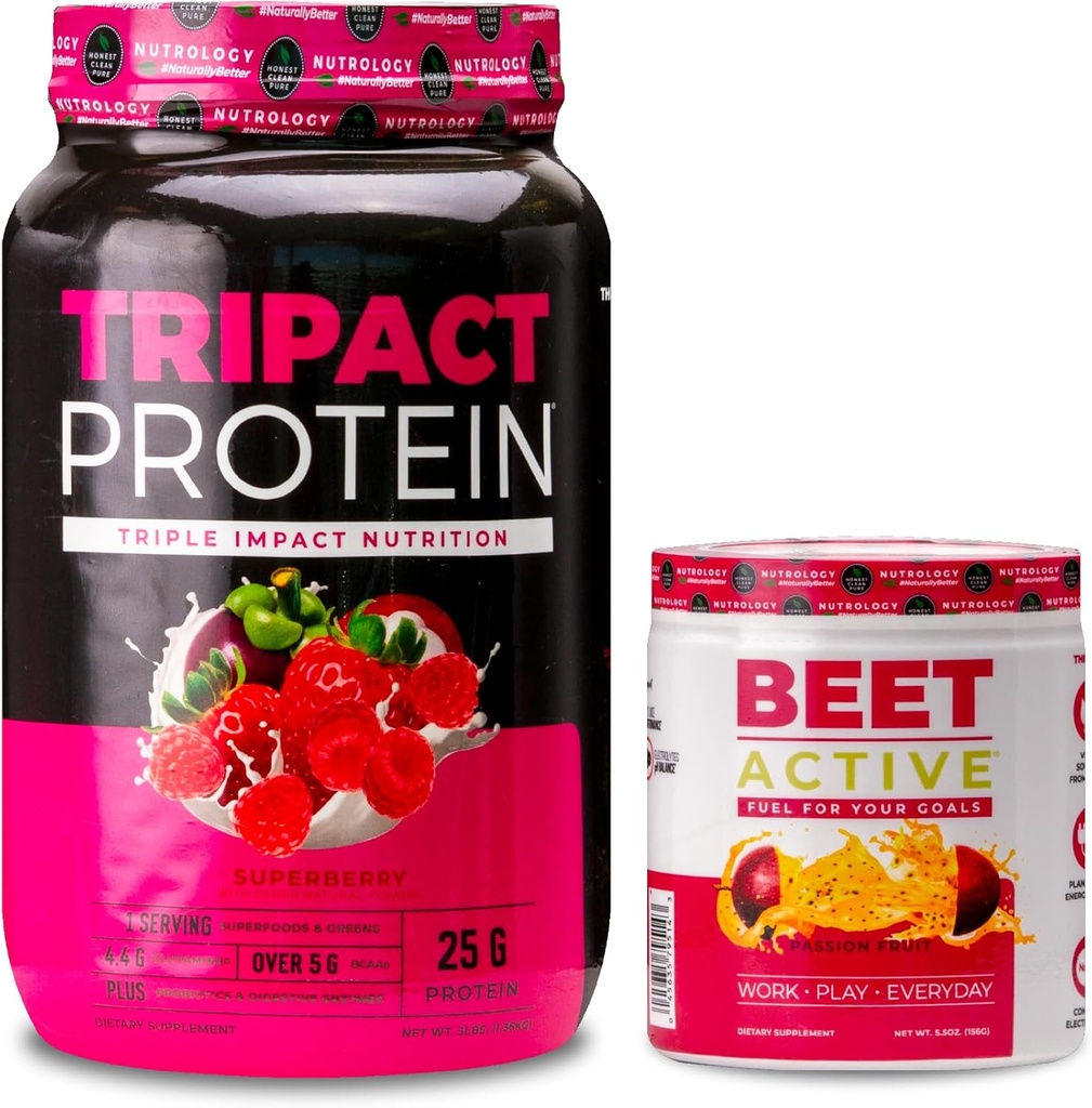 Nutrologija TRIPACT Protein Powder, 7-v-1 Zamenjava obroka Shake, Superberry (40 servingov) Beet Active, Natural Pre-workout Powder, Passion Fruit Flavor (30 serving)