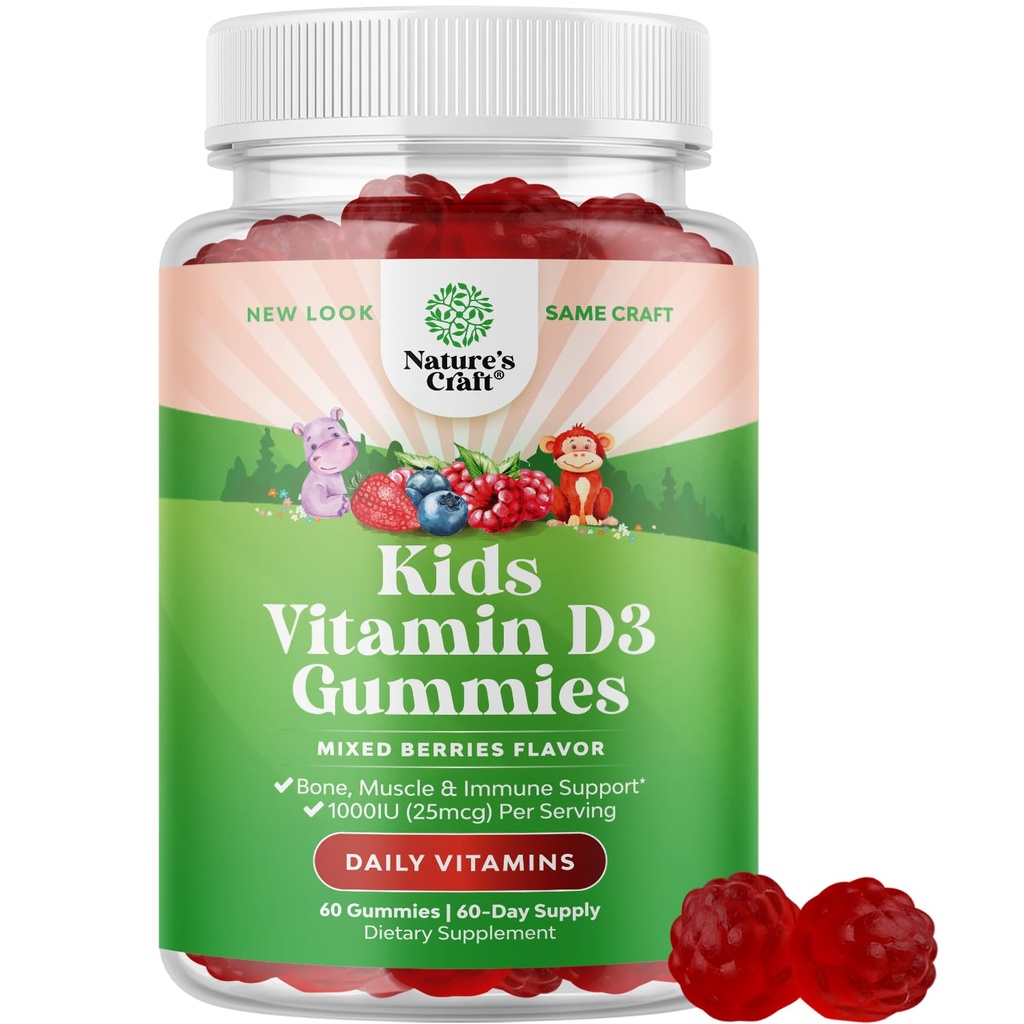 Žvečljivi vitamin D Gumiji za otroke - okusni vitamin D 1000 i.e. na strežbo - malčki Imunska podpora Gumiji - jagode Aromatizirani dodatki za kosti zdravje in mišice - želatina brez - 60 žveči