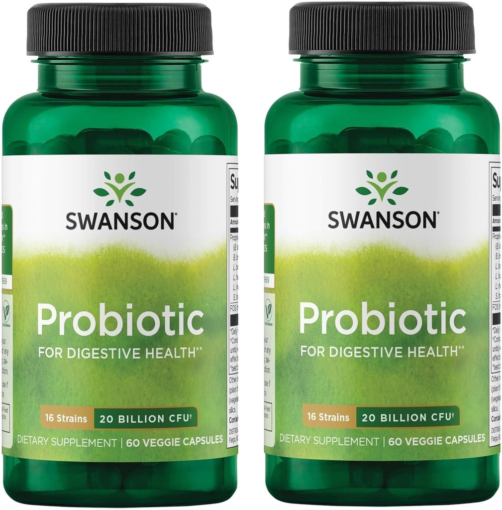 Swanson Probiotic za digestivne gastrointestinalne traktorje Imunska podpora Potniki Podpora 20 milijard CFU s prebiotičnimi FOS 60 Veggie kapsule (kap) (2 pakiranji)