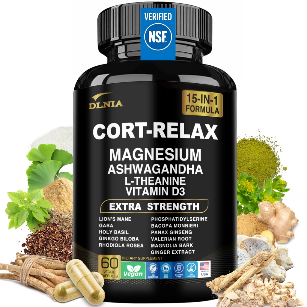 DLNIA Super Calm Cortisol Supplement with Magnesium Glycinate, Ashwagandha KSM-66, L-Theanine, Phosphatidylserine, Ginkgo Biloba & Lions Mane for Calm, Focus, Mental Clarity, Relaxation, Sleep, Energy