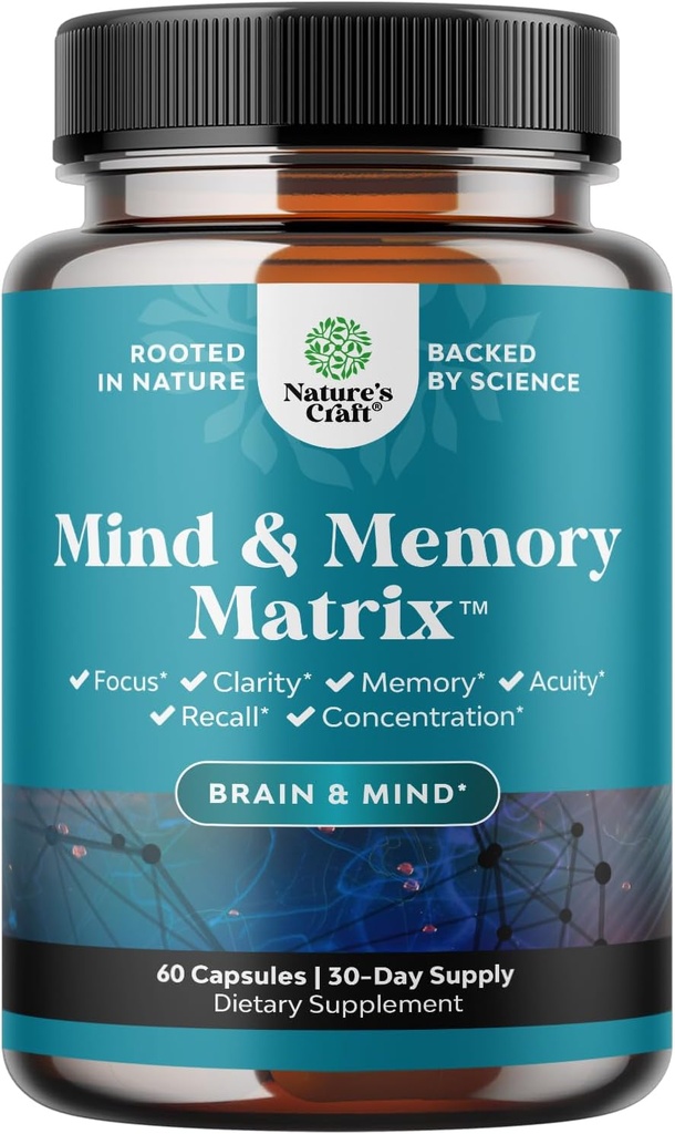 Matrix Nootropic Brain Supplement za izboljšanje spomina in fokusa - Vitamini za duševno zdravje in jasnost - Kognitivni kompleks za odrasle vseh starosti Vitalnost uma - 60 kapsul