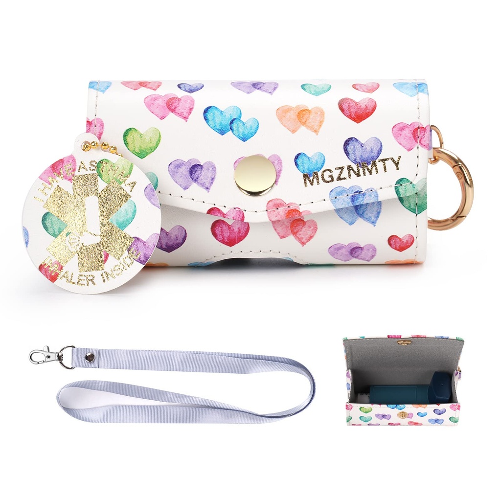 MGZNMTY Asthma Inhaler Case, Carry and Travel Holder Primer Združljiv z ročnim inhalerjem za odrasle in otroke (ONly CASE) (Raining Hearts)