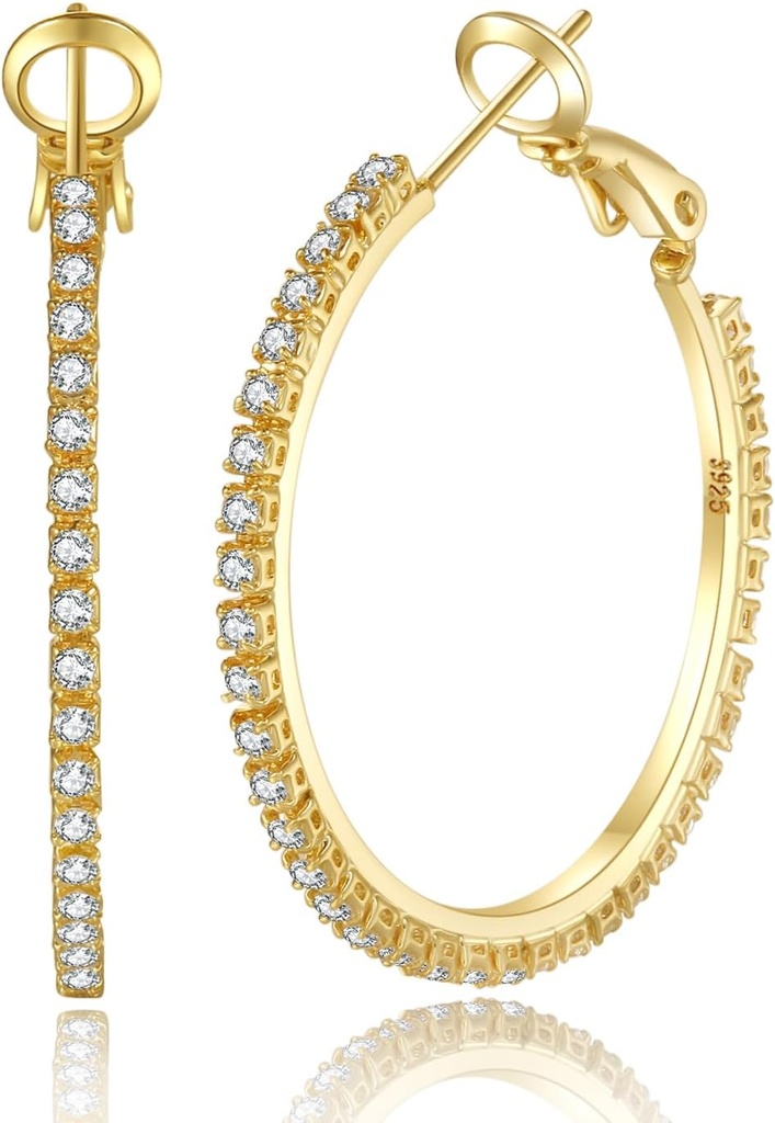 PABBEU 2mm 925 Sterling srebrni uhani veliki Sterling srebrni uhani za ženske veliki Rhinestone Hoop uhani tanki hipoalergeni Cubic Circonia uhani za ženske 30/40/50/60/70 mm