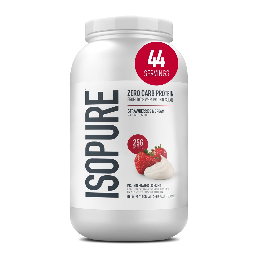 Izopura Zero Carb 100% čisti sirotkini izolati beljakovin v prahu, laktoza brez glutena, z vitamini, jagodami in kremo, 25g beljakovin na serviranje, 3 Lbs, 44 serviranja (Packageing May Vary)