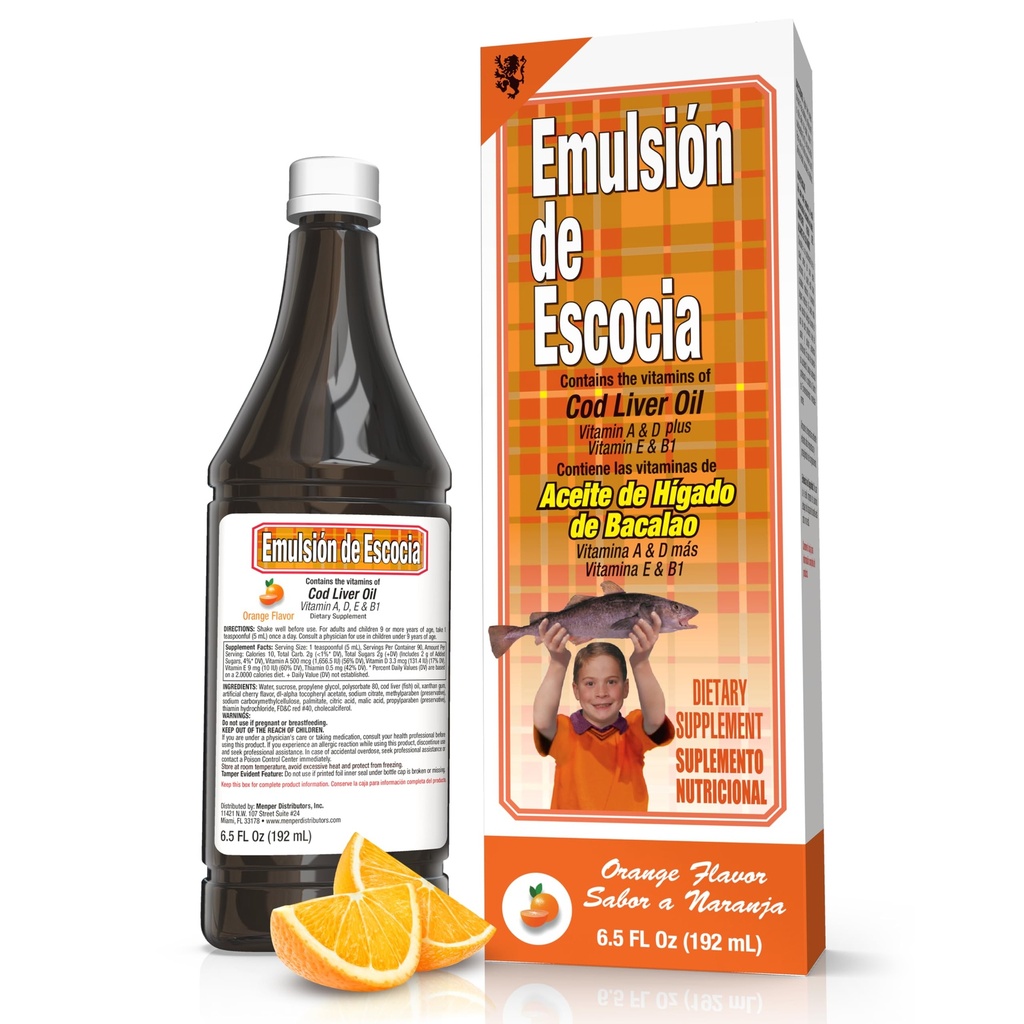 EMULSION DE ESCOCIA Trska Jetrno olje, Orange Flavor, 6,5 fl oz (1 pakiranje) – Ribje olje z vitamini A, D, E, B1, Omega-3 za zdravje imunskega in kosti, otroci in odrasli