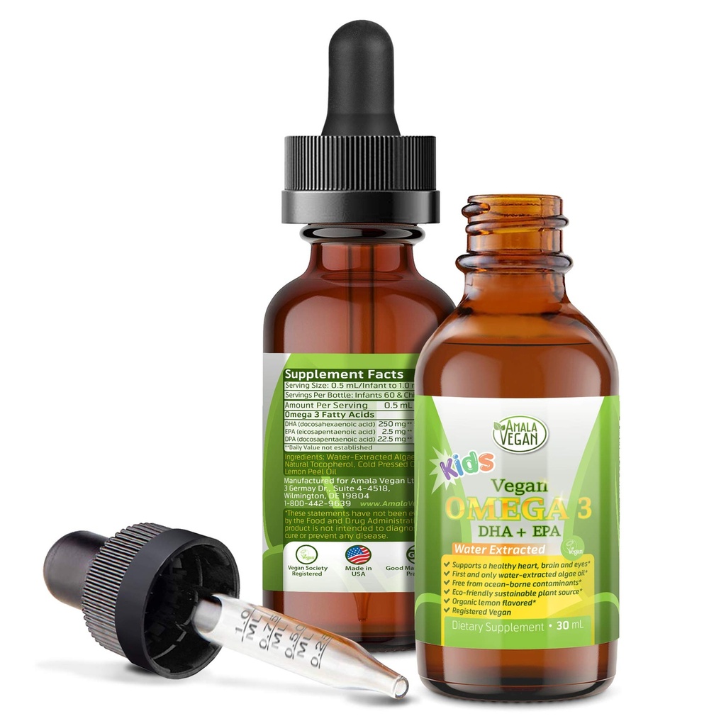Omega 3 za otroke - Organic Lemon, Vegan, Tekoči dodatek - Otroci Ribje olje z DHA, EPA, DPA Maščobne kisline - Rastlinske alge olje - Imuno, srce, zdravje možganov za otroke- 30-60 Odmerki