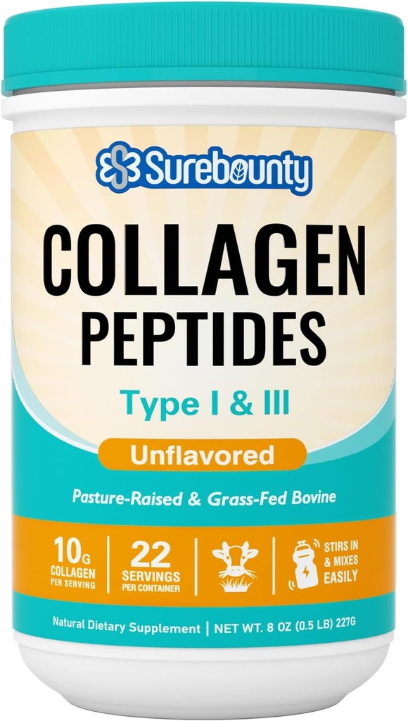Kolagenski peptidi v prahu, tip I in III, izvor goveda, ki se hrani s travo, nearomatiziran, raztaplja enostavno, kožo, lase, nail in mišice, Paleo & Keto prijazno, 8oz
