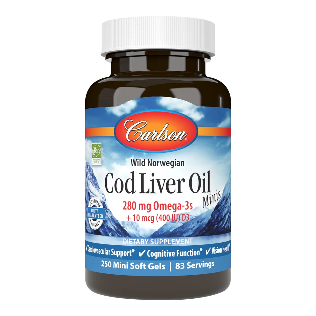Carlson - Cod Jetra Oil Minis, 280 mg Omega-3s + Vitamini A & D3, Podpora srcu in kognitivne funkcije, Vizija zdravje, 250 Mini Soft Gels