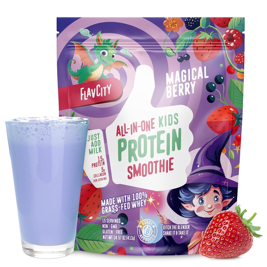 FlavCity All-in-One Protein Smoothie za otroke (Magical Berry) - Grass-Fed & Nedenaturirani Whey Protein v prahu s 15g beljakovinami & 5g kolagenom - Gluten-free & Non-GMO - 15 servivov