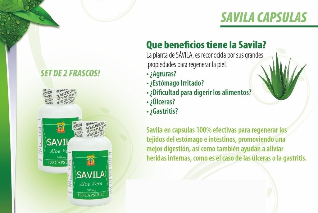 Nutrisalud Izdelki Kapsulas de Savila, Aloe Vera Kapsule 500mg. Garnitura de 2 frascos 100 kapsulas CADA uno.Efektivo Kontra ulceras,agruras,mala digestion,Colitis,estreñimiento. Dura mas de 3 Meses.