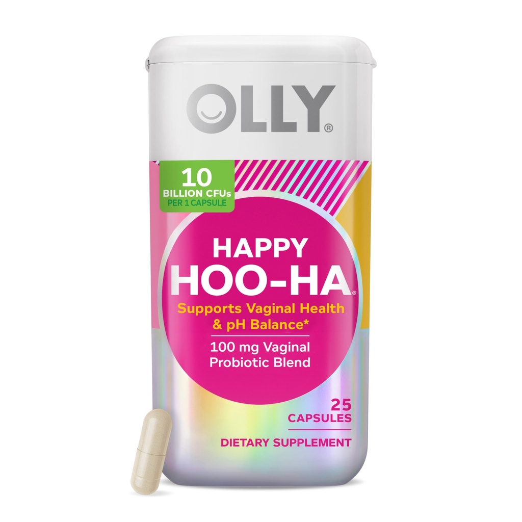 OLLY Happy Hoo-Ha kapsule, probiotiki za ženske ali ljudi wth Vaginas, Vaginalno zdravje in pH ravnovesje,* 10 milijard CFU, Gluten prost - 25 Count