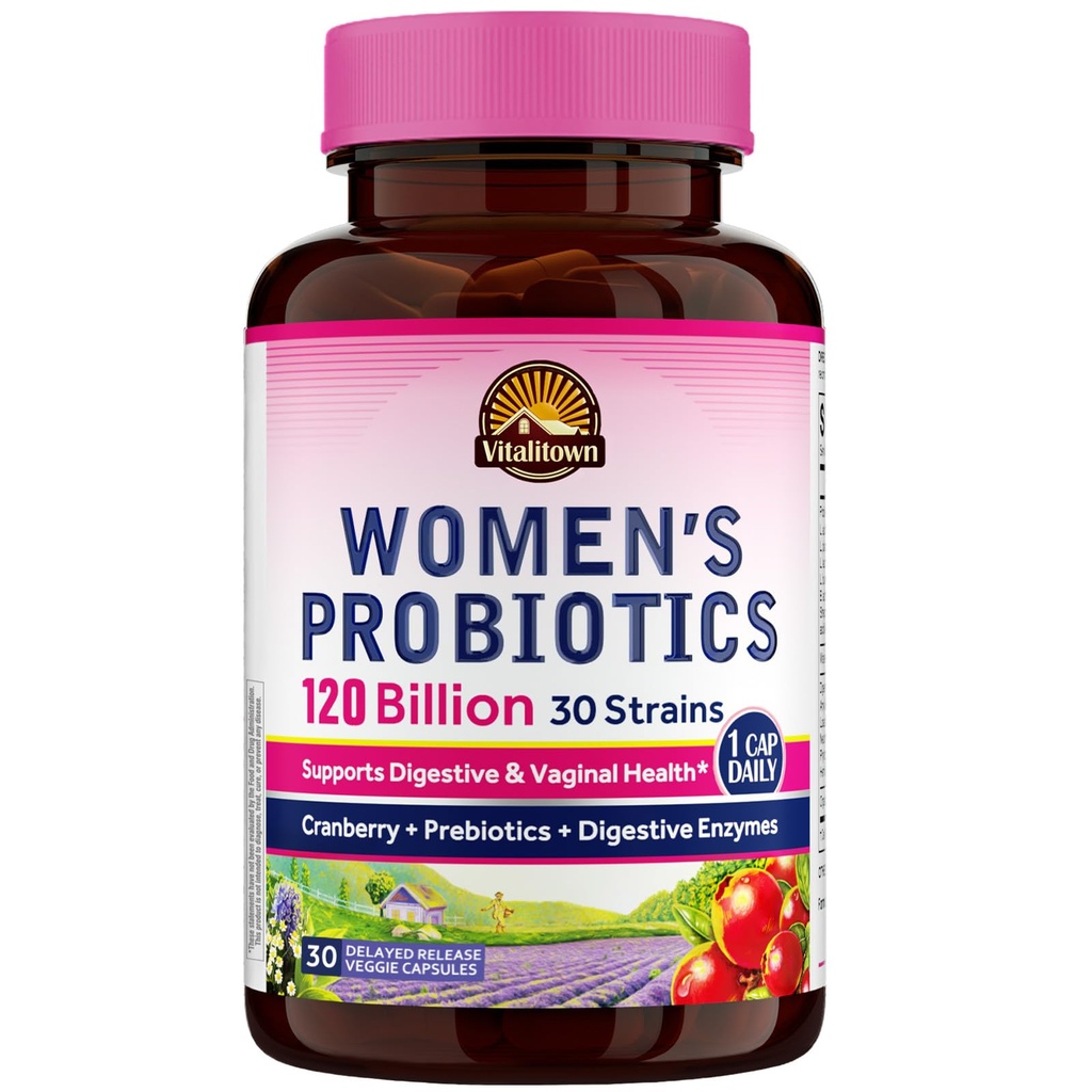Probiotiki Vitalitown za ženske 120 milijard CFU, 30 sevov, s prebiotiki in pregestivnih encimov & Cranberry, Gut & Vaginal Health, Vegan 30 Zapozneli izpust kape