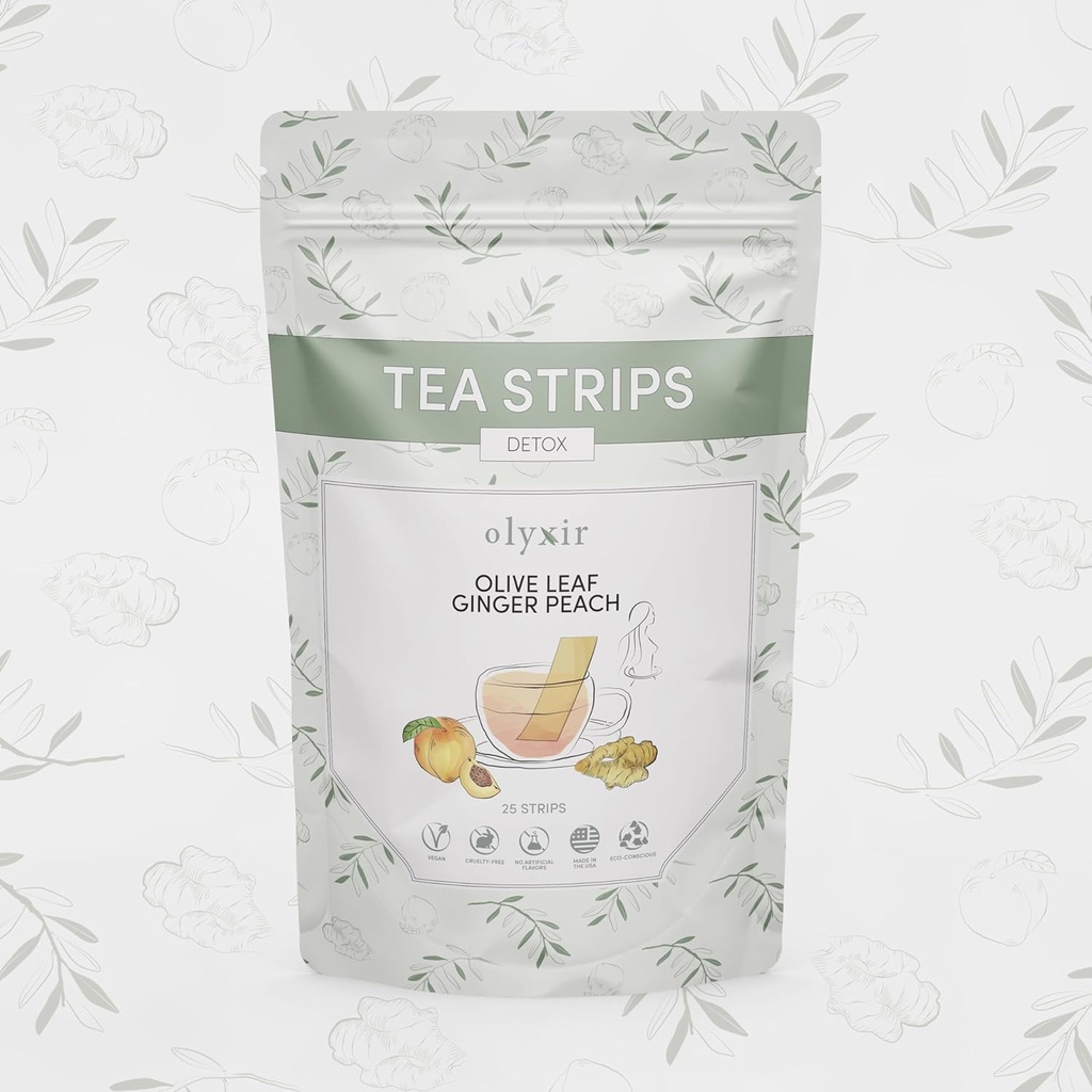Olyxir Detox čajni trakovi - Naravni list oljke, ingver, & Peach Flavors - Instant, Energiring, Organic, Paleo, Vegan, Non-GMO 25 Ct
