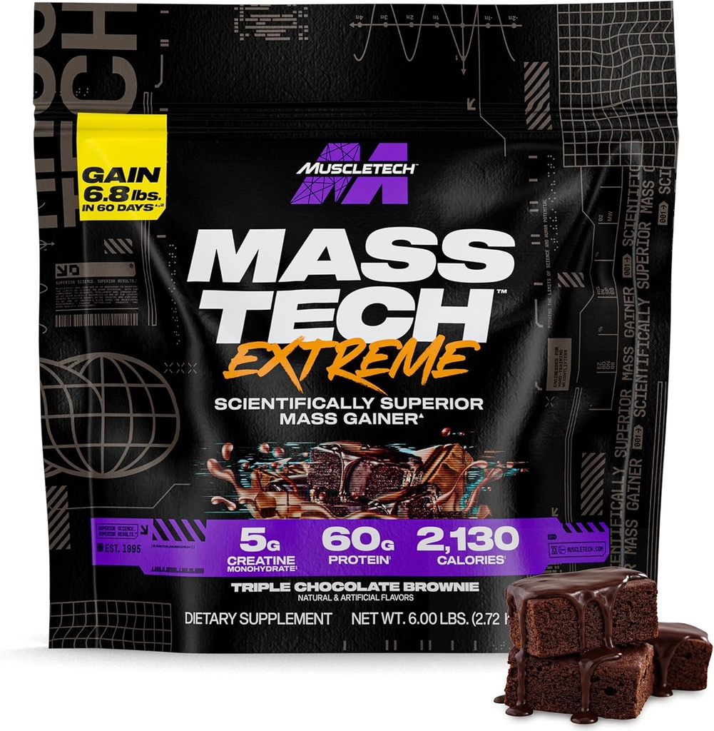 Muscletech High-Protein Mass Gainer (Triple Chocolate Brownie, 6LB) - Mass Tech Extreme 2000 Mass Gainer Protein Powder dodatek - Hujšanje za povečanje mišic, izboljšano okrevanje in moč