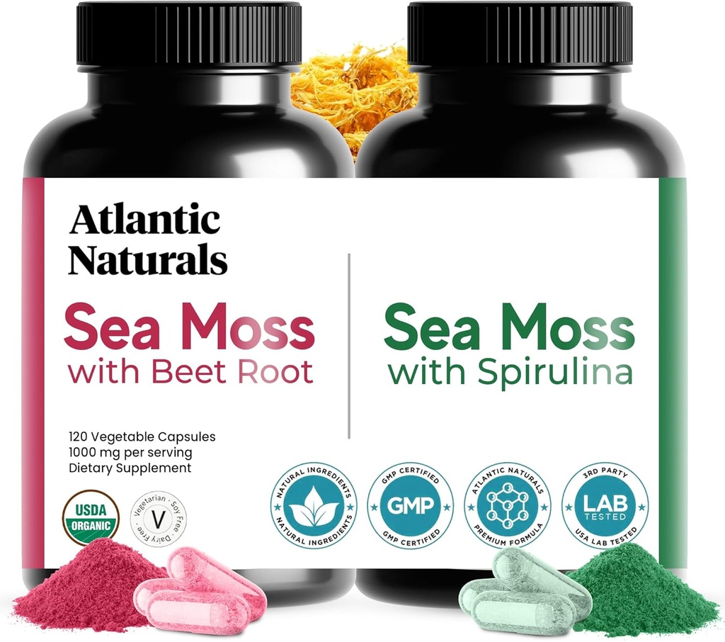 Atlantic Naturals Sea Moss Superfood Bundel - Morski moss z peso Root & Spirulina kapsule - obramba podpora, pretok krvi, skupno zdravje in železo - 240 kapsul (2 x 120 ct)