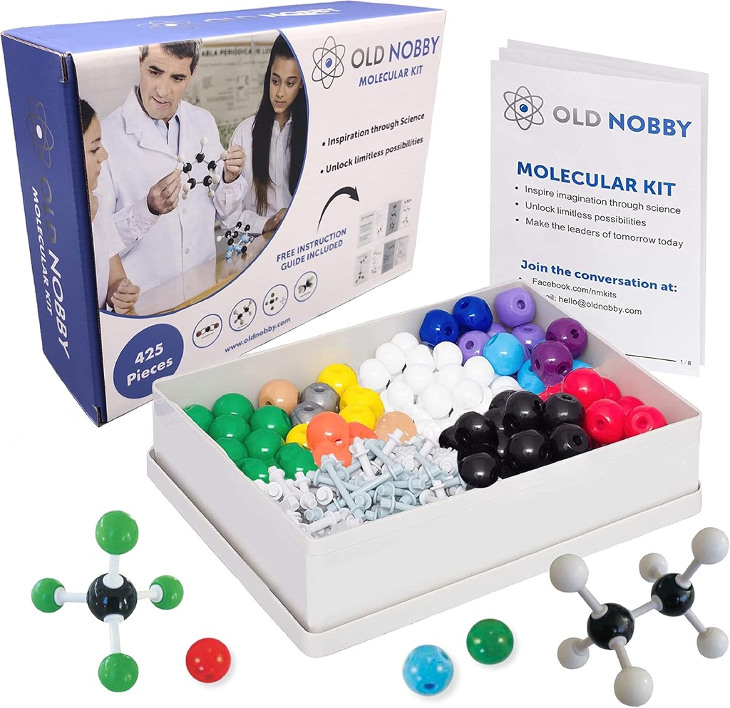 Stari Nobby Organic Chemistry Komplet (425 pc) Komplet molekulskih modelov z Atoms, Bonds, Guide, Bond Removal Tool - STEM Science kompleti za otroke Igrače Kemija Komplet za učence Mladi znanstveniki