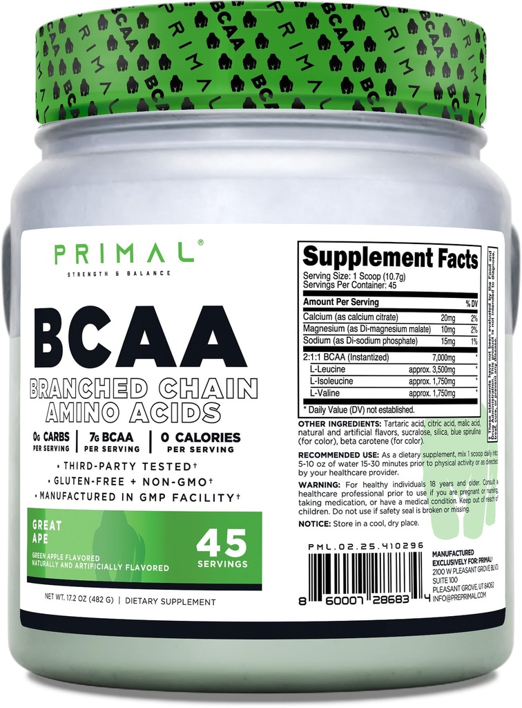 Primal BCAA v prahu Velika opica (45 SERV) (zeleno jabolko z aromo) - 0 g ogljikovih hidratov, 0 kalorij, 7 g BCAA na obrok
